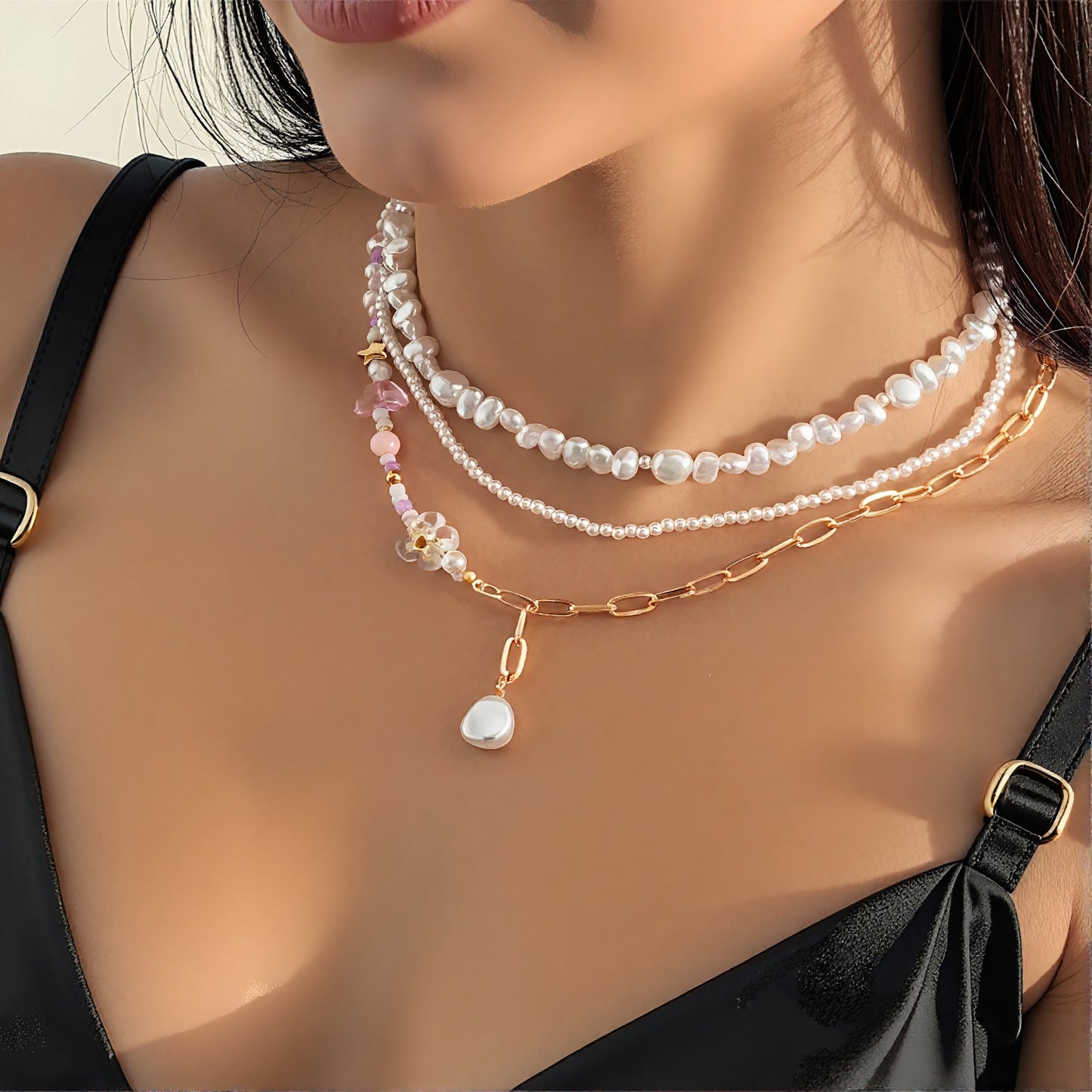 Blush Pearl & Chain Necklace Set