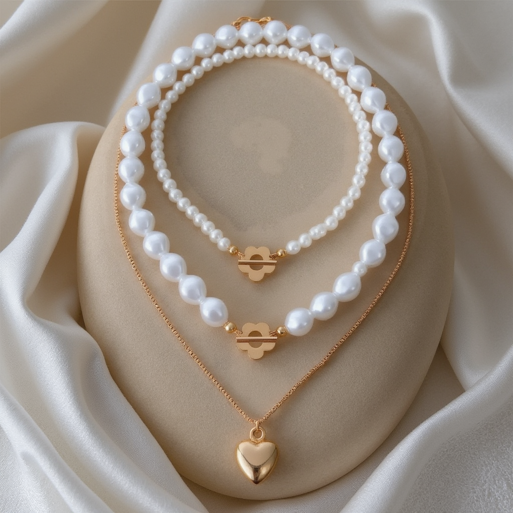 Layered Pearl and Heart Necklace Set