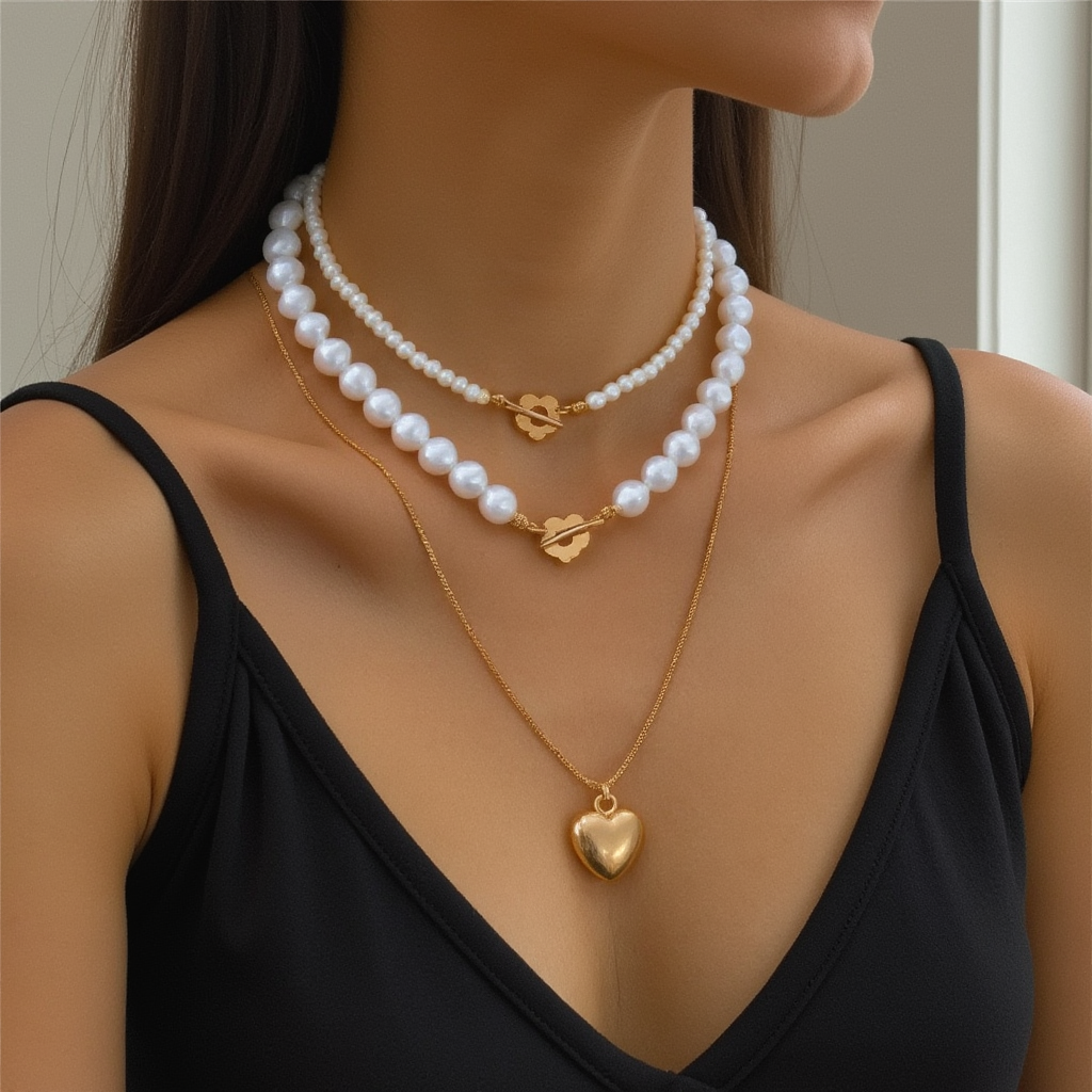 Layered Pearl and Heart Necklace Set