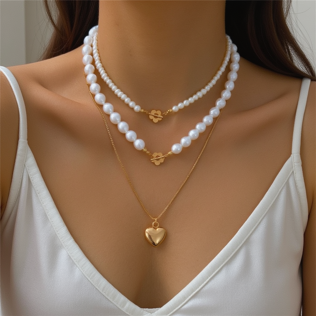Layered Pearl and Heart Necklace Set