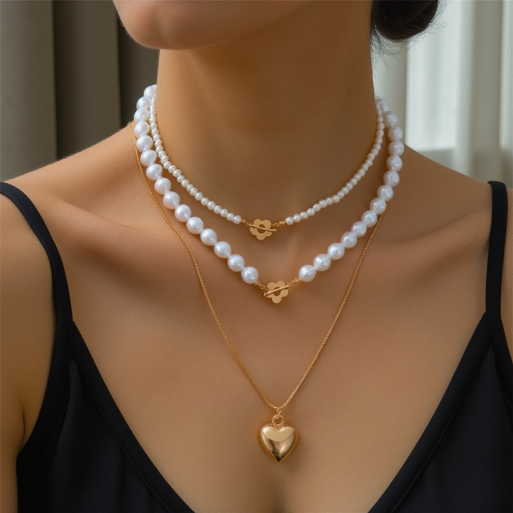 Layered Pearl and Heart Necklace Set