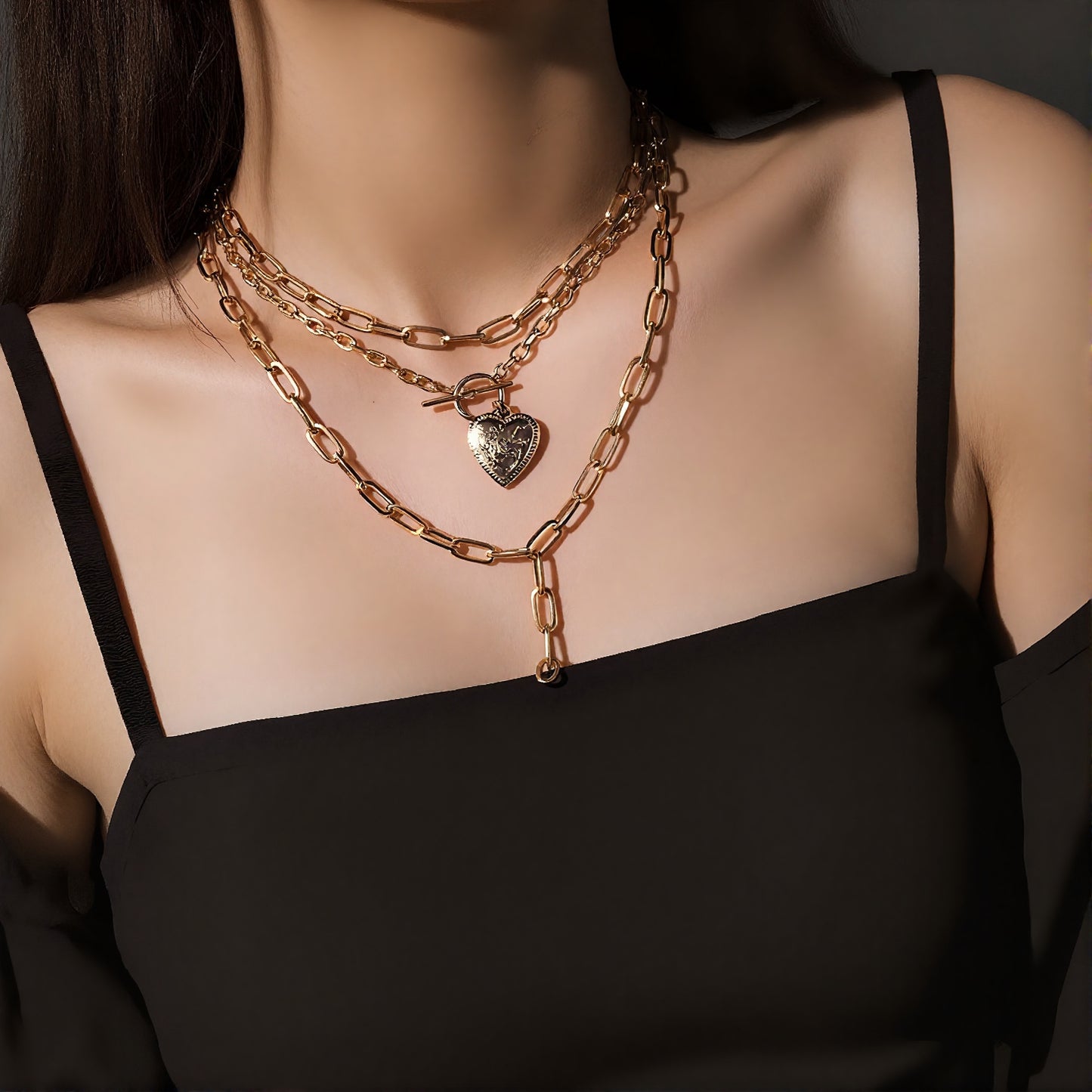 Silver Heart Tag Layered Chain Necklace