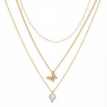 Layered Pearl and Butterfly Necklace Set