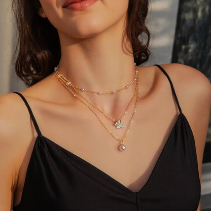 Layered Pearl and Butterfly Necklace Set